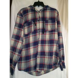 Quiksilver Hooded Flannel Plaid Button-Up Shirt Navy Blue Red Gray‎ Casual